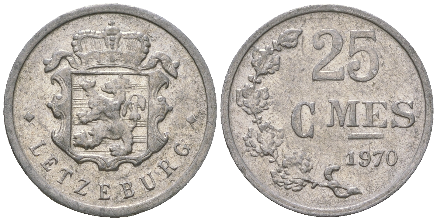 Люксембург 25 сантимов 1970 Герцог Жан (1964-1999) L 300, Weiller 290, KM 45a.1, Schoen 30a алюминий    4528-934