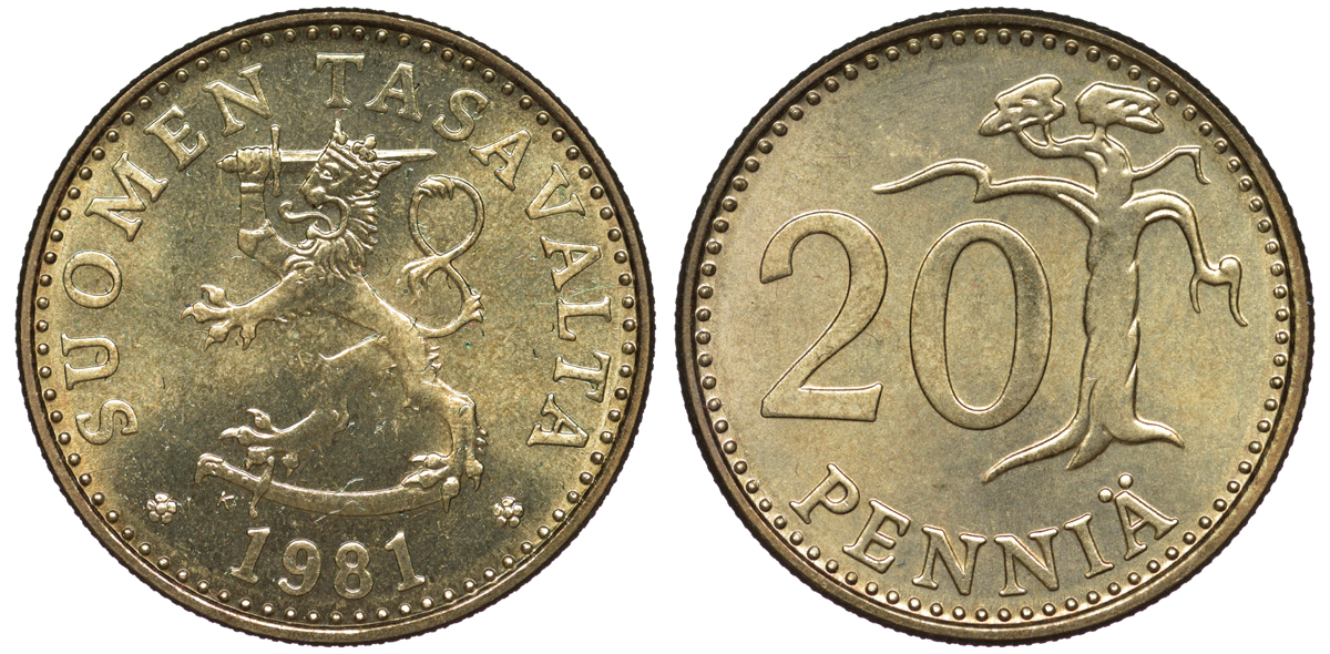 Финляндия 20 пенни 1981 K KM 47 алюминиевая бронза UNC 259-544