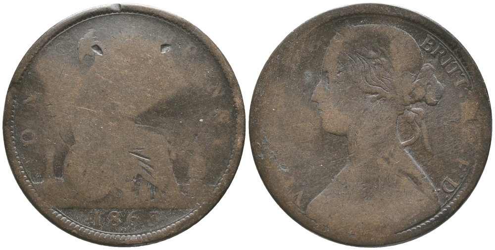 Великобритания 1 пенни 1863 Виктория (1837-1901) KM 749.2, Spink 3954 бронза 32-415