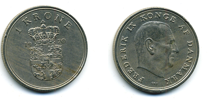 ДАНИЯ 1 КРОНА 1970 C; S, ФРЕДЕРИК IX (1947-1972) KM 851.1 медно-никель 56-541