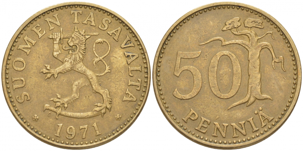 ФИНЛЯНДИЯ 50 ПЕННИ 1971 S KM 48 алюминиевая бронза 3457-922