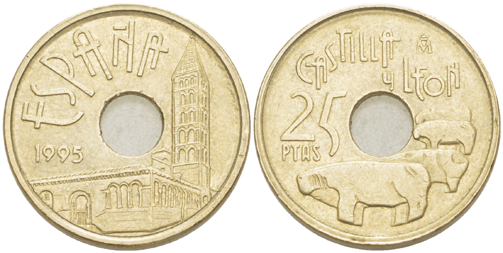 Испания 25 песет 1995 Кастилья и Леон (Castilla y Leon), Хуан Карлос I (1975-2014) KM 948 латунь 216-734