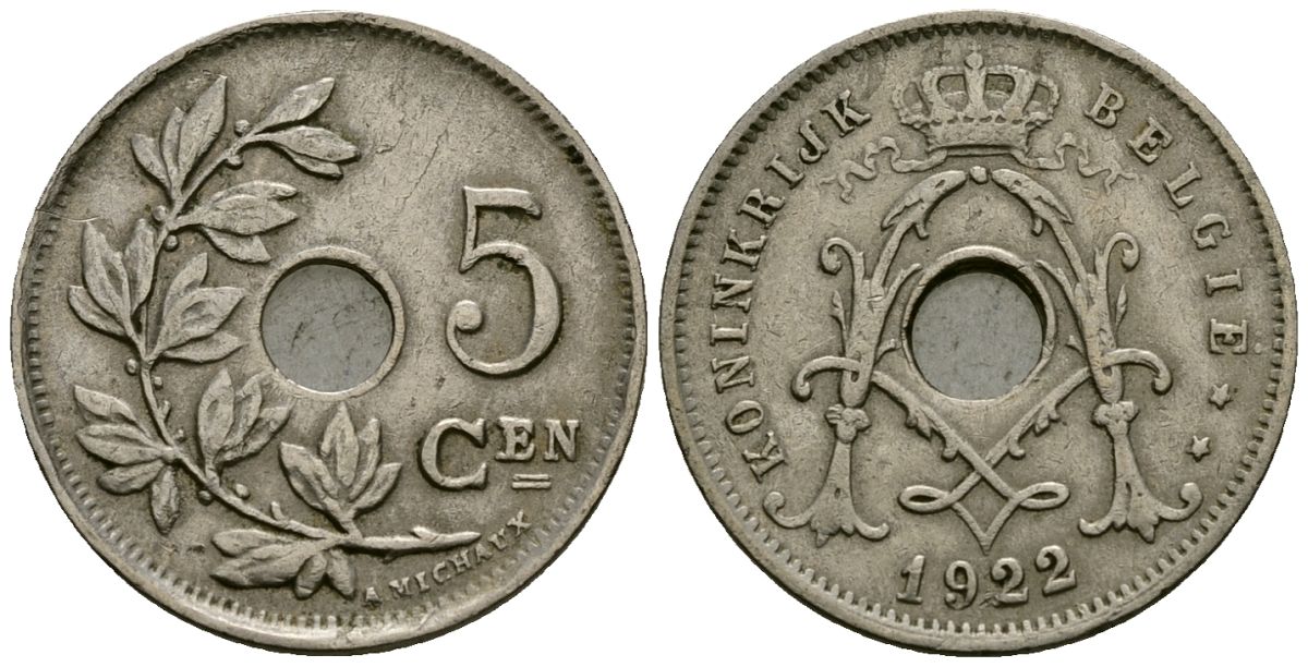 Бельгия 5 сантимов 1922 Belgie KM 67 медно-никель 4173-245
