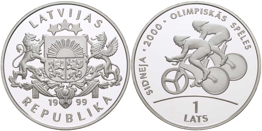 Латвия 1 лат 1999 XXVII летние Олимпийские игры 2000 года в Сиднее, велоспорт KM 44 серебро PROOF 00-00-00