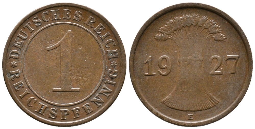 ГЕРМАНИЯ 1 РЕЙХСПФЕННИГ 1927 E KM 37, J. 313 бронза 39-952