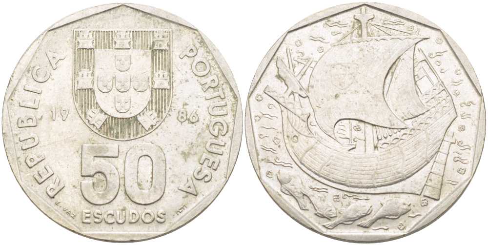 ПОРТУГАЛИЯ 50 ЭСКУДО 1986 ПАРУСНИК KM 636 медно-никель 51-4513