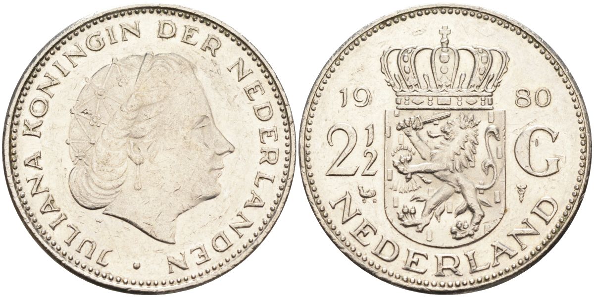 Нидерланды 2 1/2 гульдена 1980 Юлиана (1948-1980) KM 191 никель 4593-644