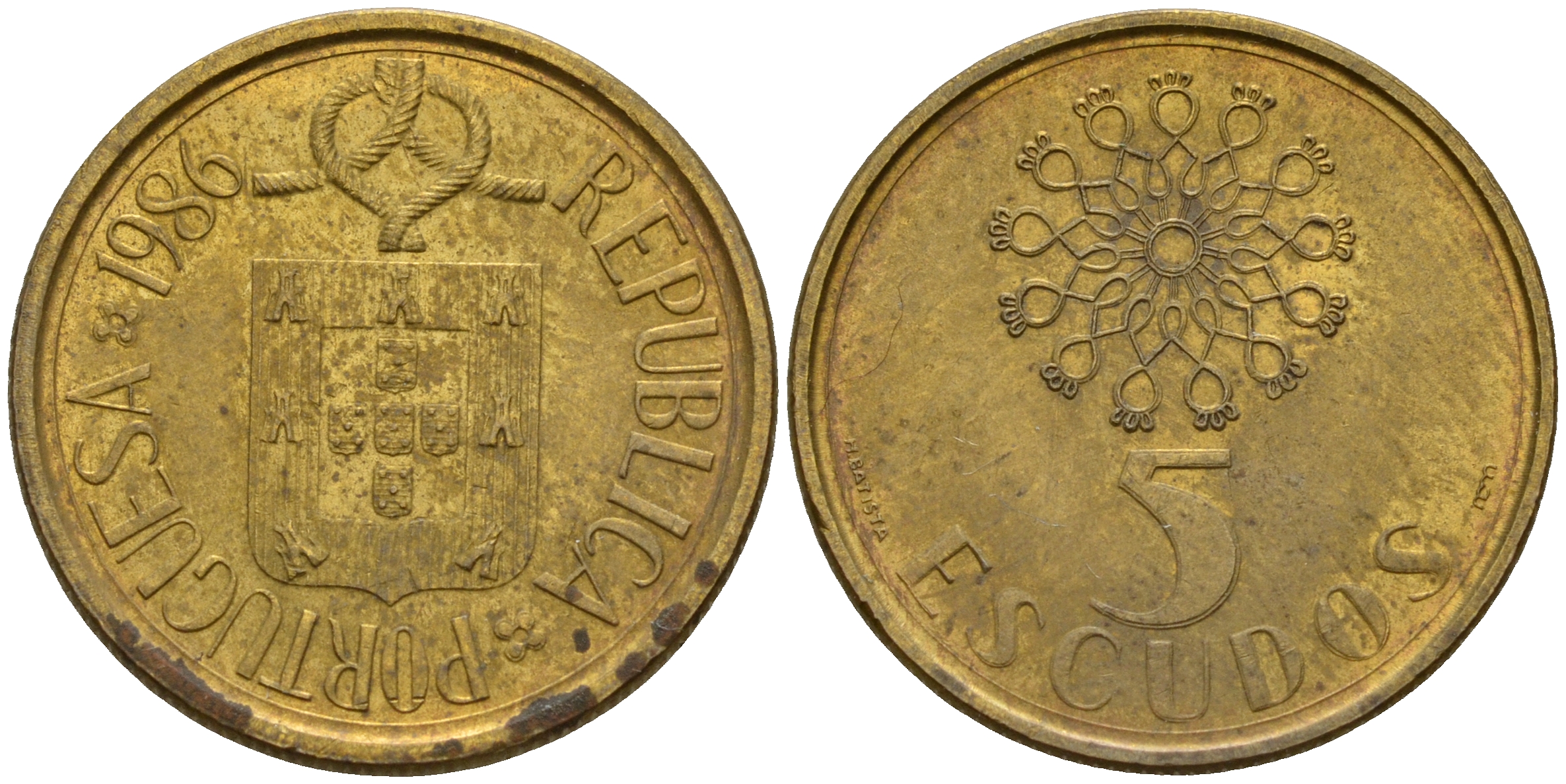 Португалия 5 эскудо 1986  KM 632 никель-латунь    4598-1255