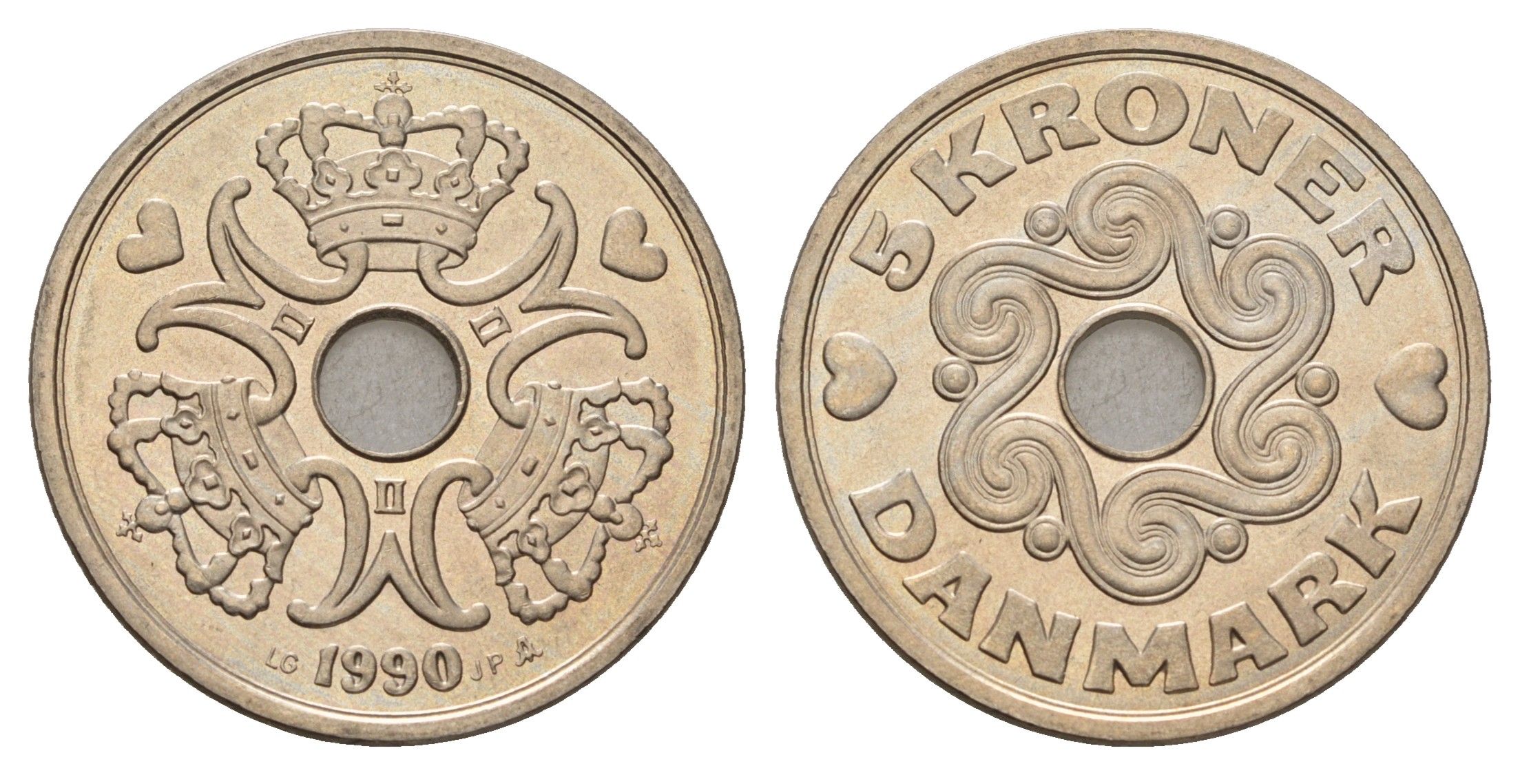 Дания 5 крон 1990 Маргрете II (1972-2024) KM 869 медно-никель UNC 175-732