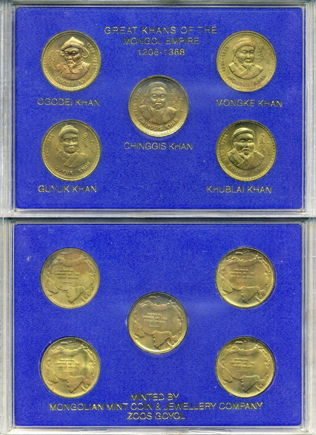 Монголия набор из 5 жетонов "Великие монгольские ханы 1206-1368" 5-6-4-10