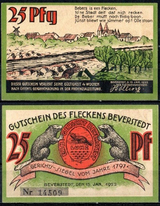 Беверштедт (Пруссия, Ганновер) 25 пфеннигов 1922 Mehl Grabowski 98.1-1/3 бумага UNC (пресс) 7556-49-4-1
