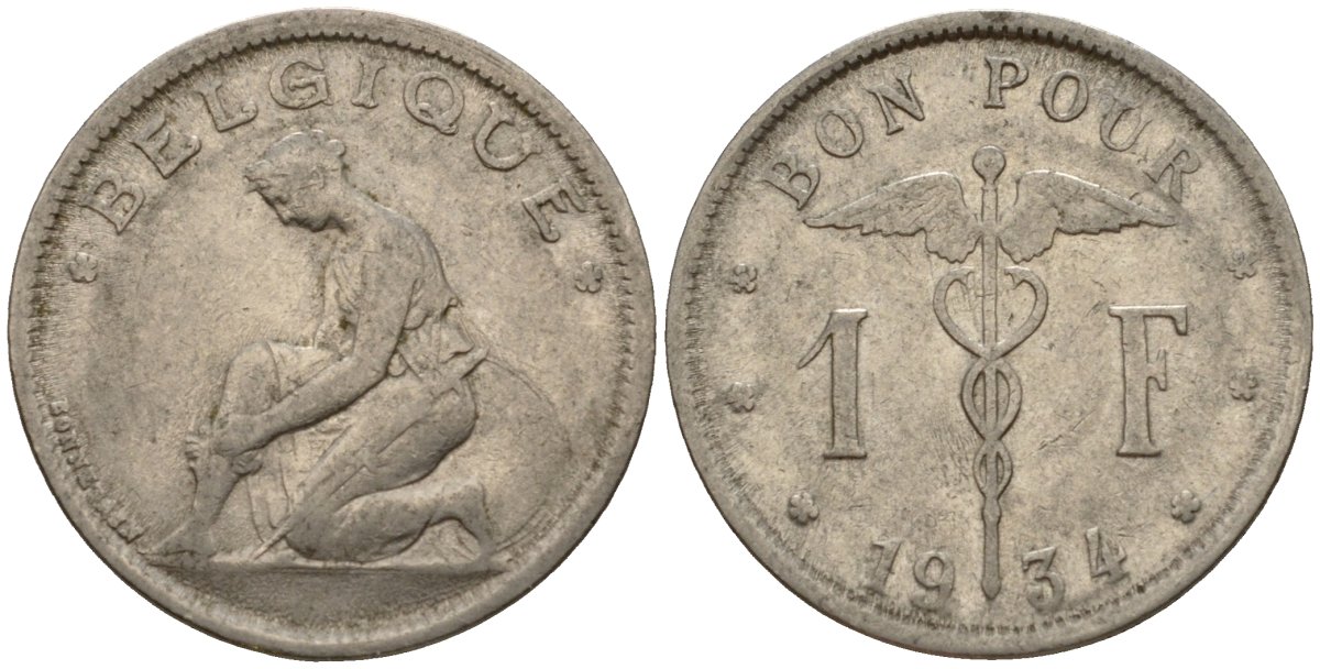 Бельгия 1 франк 1934 Belgique KM 89 никель 34-537