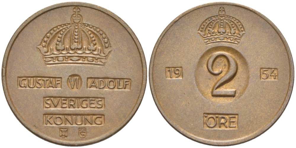 Швеция 2 эре 1954 TS, Густав VI Адольф (1950-1973) KM 821 бронза 4513-1246