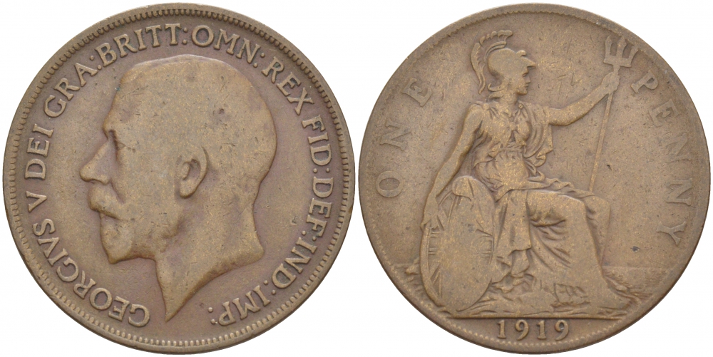 Великобритания 1 пенни 1919 Георг V (1910-1936) KM 810, Spink 4051 бронза 3996-333