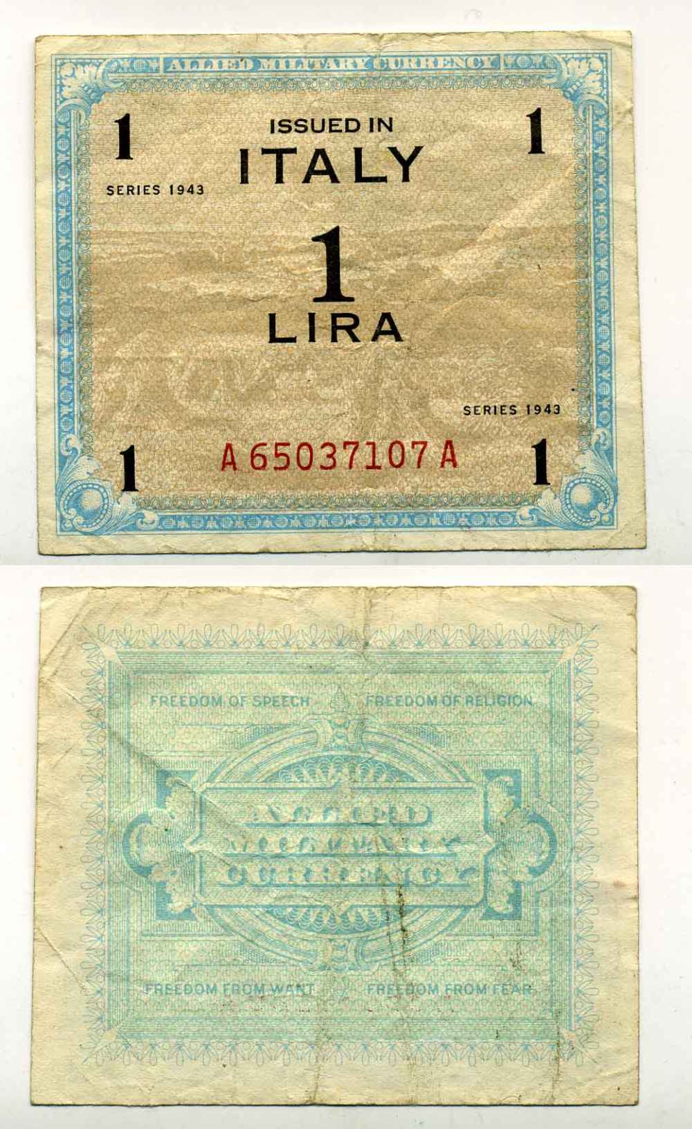 Италия 1 лира 1943 военный выпуск, вторая мировая война Pick М10b бумага 8588-28-3-1