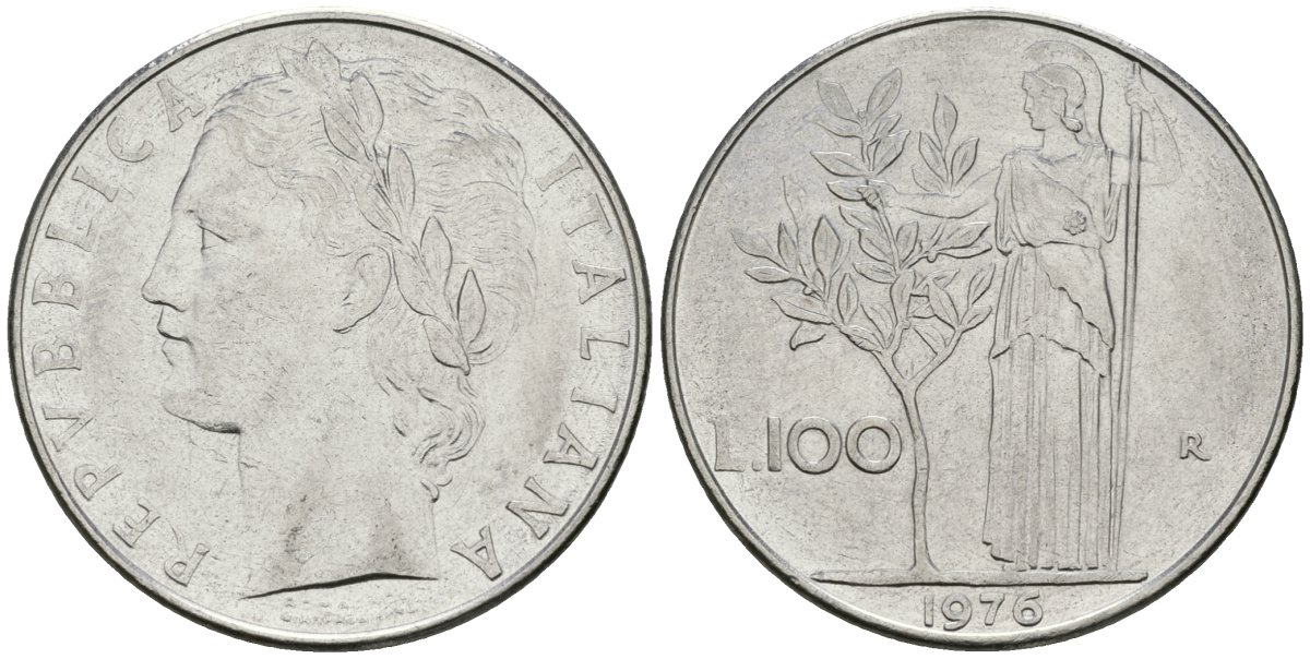 Италия 100 лир 1976 R, Афина у оливкового дерева KM 96.1 нержавеющия сталь 81-611
