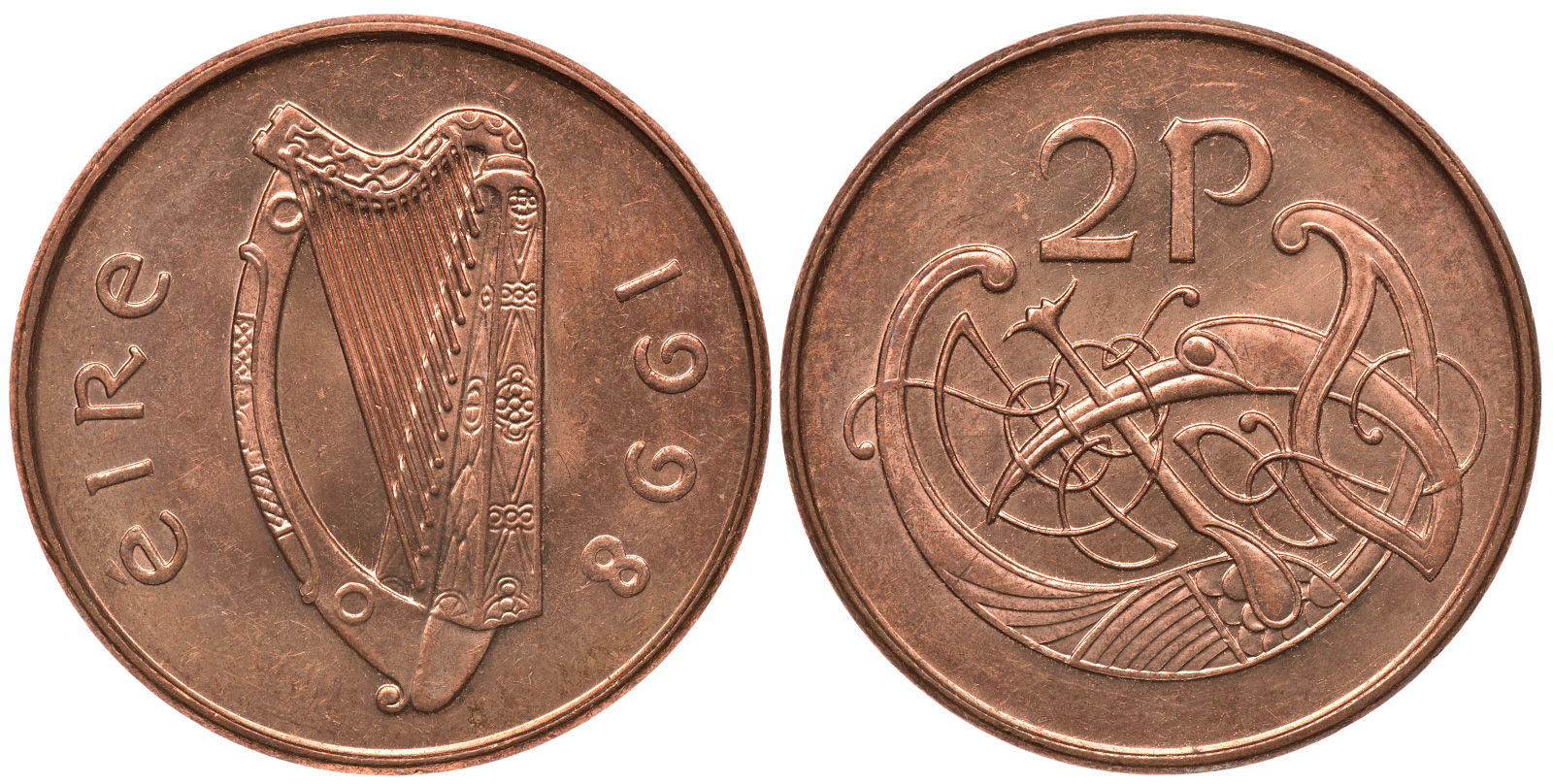 ИРЛАНДИЯ 2 ПЕНСА 1998 ВИНЬЕТКА В ВИДЕ СТИЛИЗОВАННОЙ ПТИЦЫ ИЗ ВТОРОЙ БИБЛИИ КАРЛА II ЛЫСОГО KM 21a сталь плакированная медью aUNC 4390-257