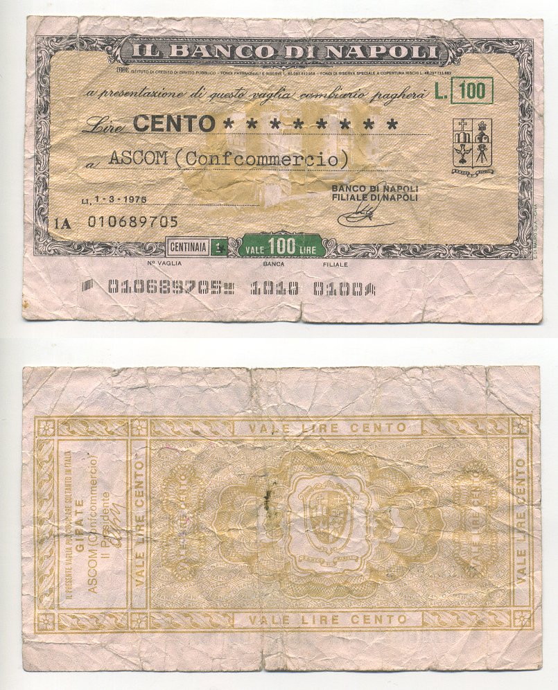 Италия 100 лир 1976 чек банка неаполя Pick бумага 6294-41-2