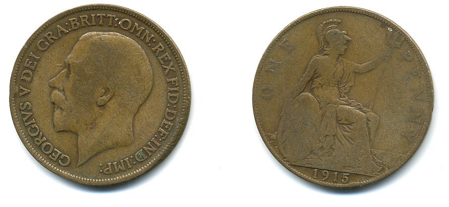 Великобритания 1 пенни 1915 Георг V (1910-1936) KM 810, Spink 4051 бронза 4110-125