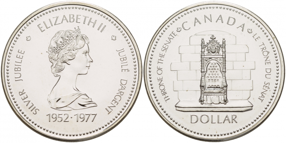 Канада 1 доллар 1977 25 лет вступлению на престол Королевы Елизаветы II KM 118 серебро UNC 1087-6-25