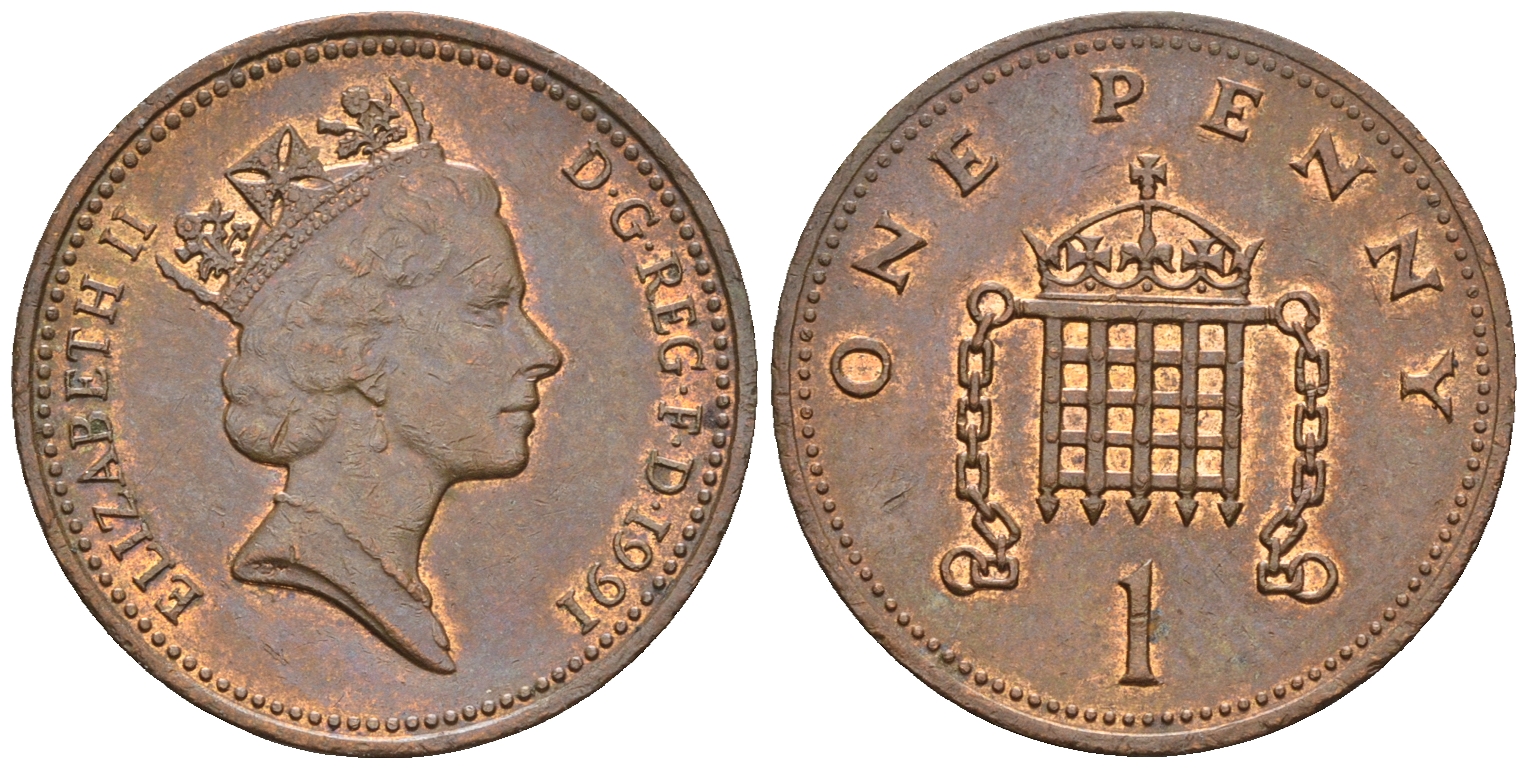 Великобритания 1 пенни 1991 Елизавета II (1952-2022) KM 935, Spink 4381 (B3) бронза 4609-528