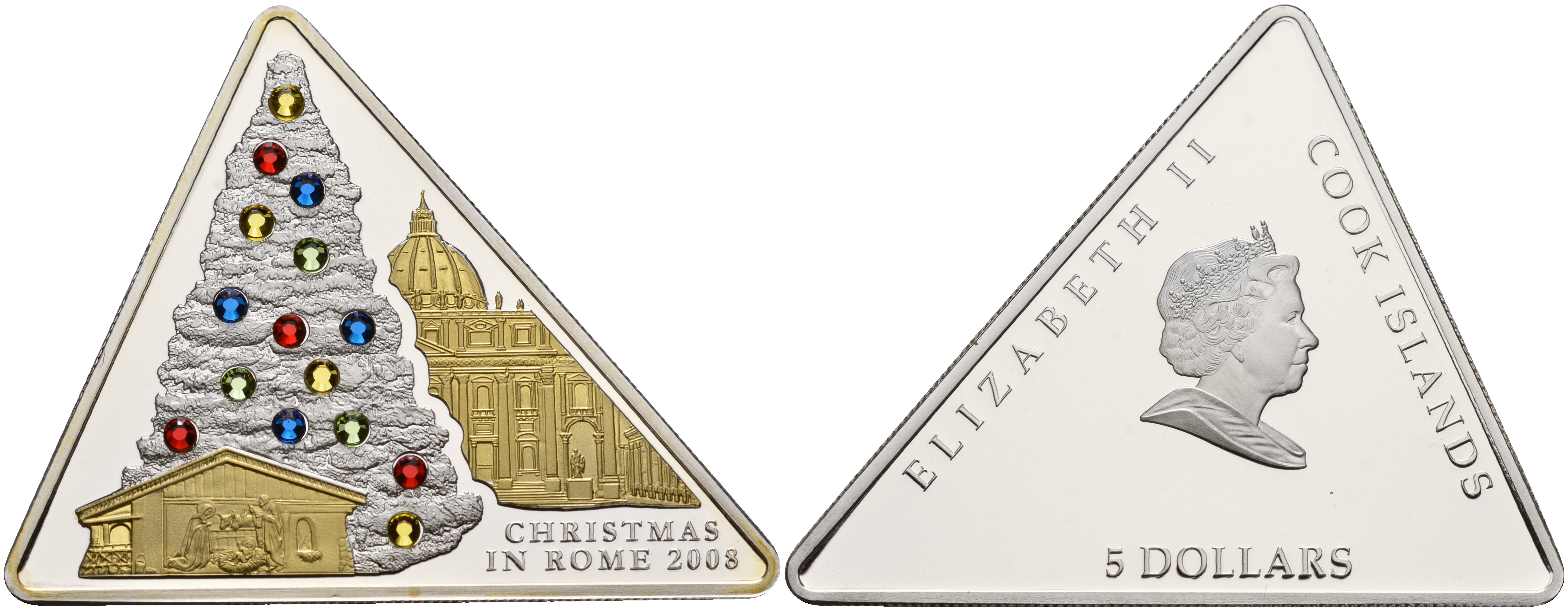 Острова Кука 5 долларов 2008 Рождество в Риме, елка, камни, позолота серебро PROOF 1065-2-11