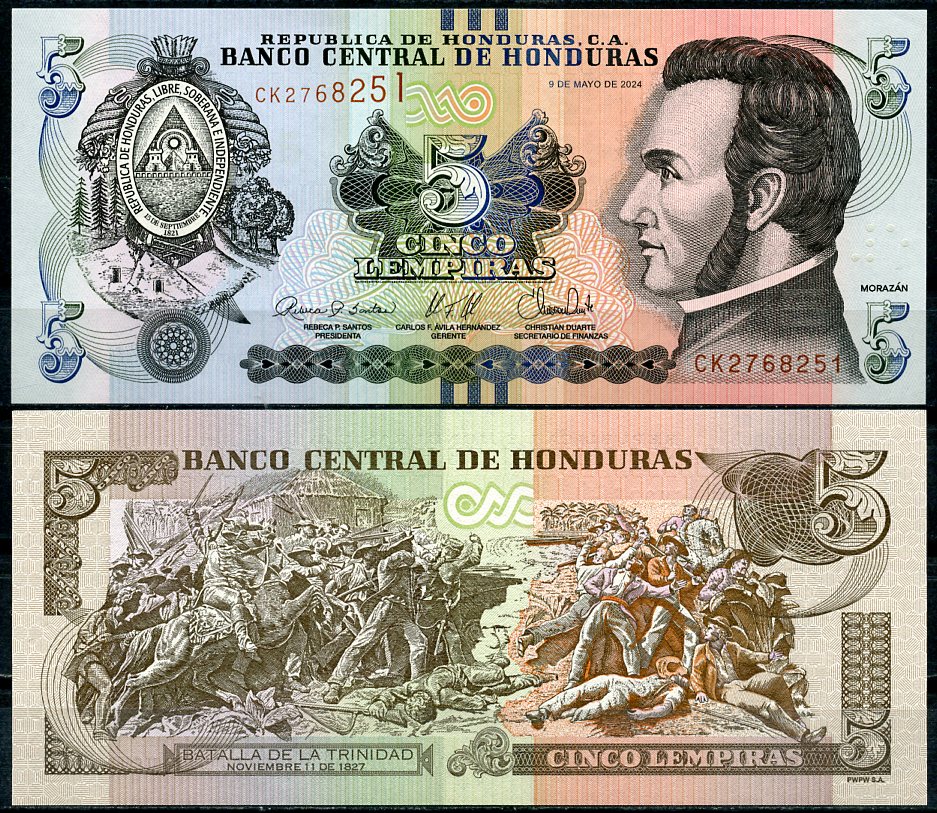 Гондурас 5 лемпира 2024 Франсиско Морасан, сцена битвы за Тринидад Pick 98 f  бумага  UNC (пресс) 448-56-1