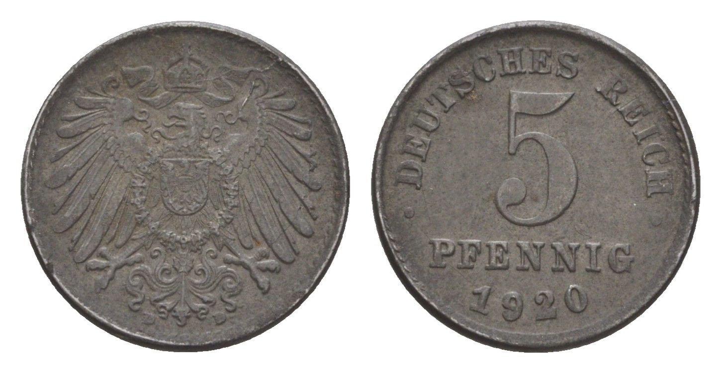 Германия 5 пфеннигов 1920 D KM 19, J. 297 железо плакированное цинком 4644-1122