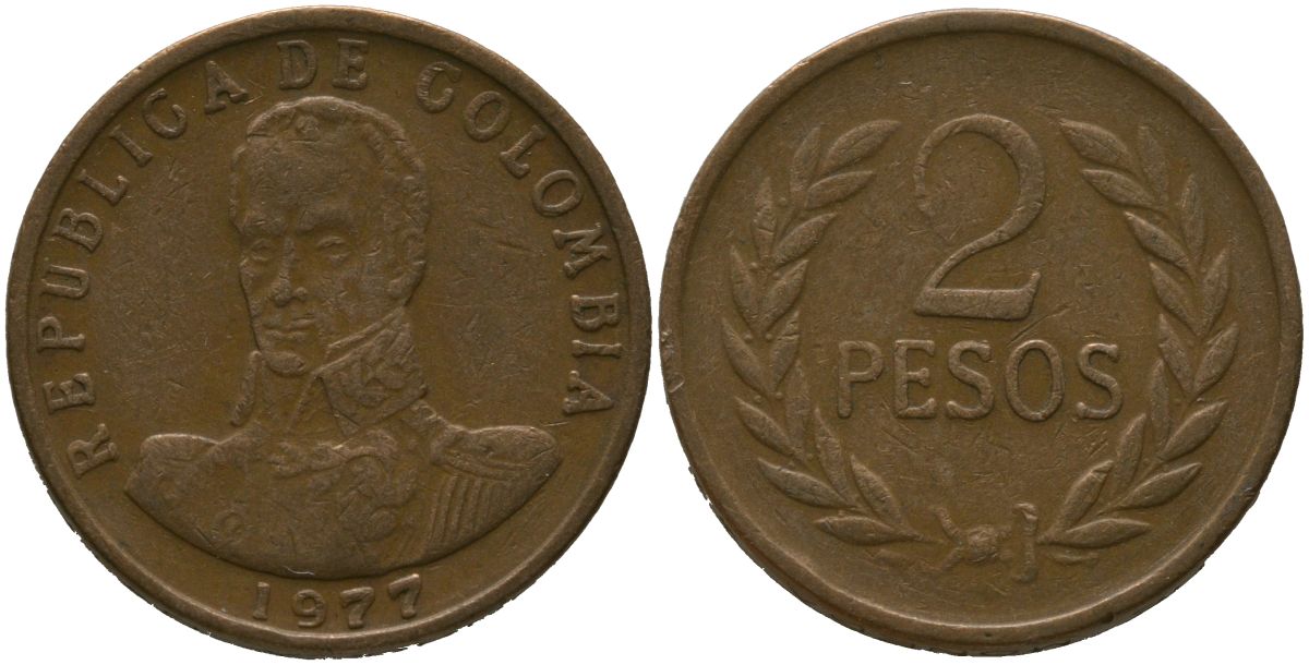 Колумбия 2 песо 1977 KM 263 бронза 4538-115