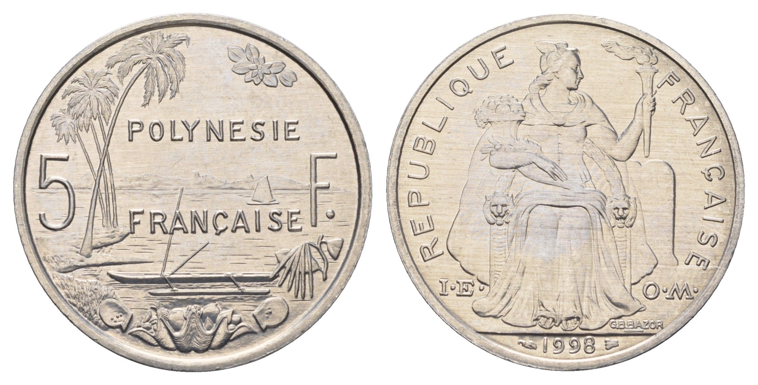 Французская Полинезия 5 франков 1998 KM 12 алюминий UNC 4667-632