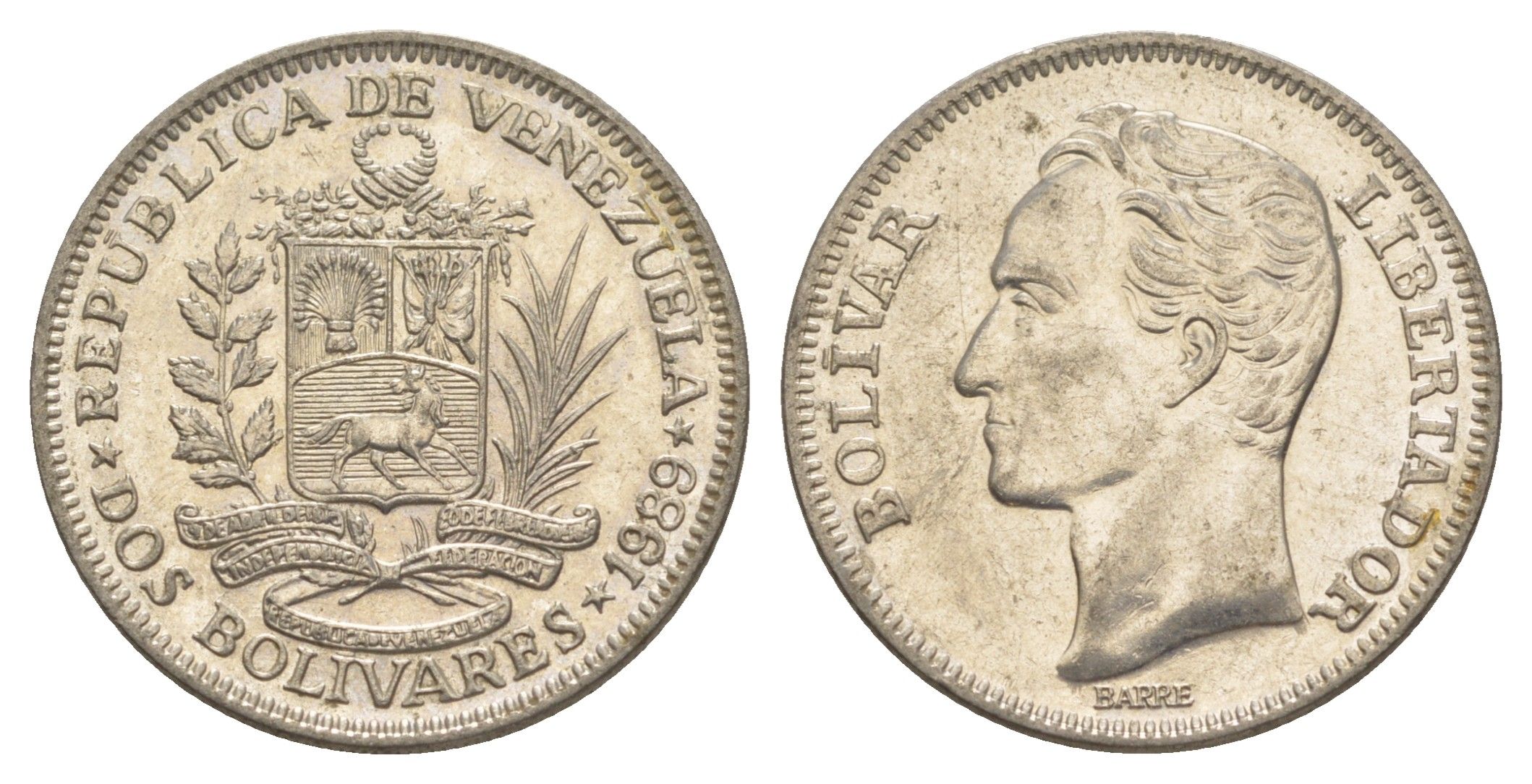 Венесуэла 2 боливара 1989 Симон Боливар Y 43a сталь плакированная никелем 4583-116
