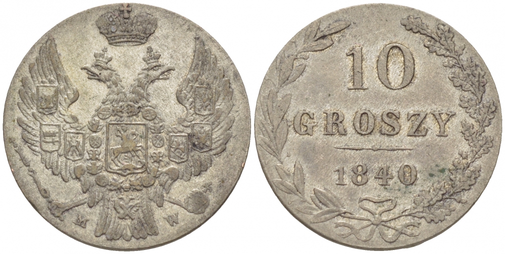 Россия для Польши 10 грошей 1840 MW, Николай I (1825-1855) KM 113а, Биткин 1182 серебро 413-121