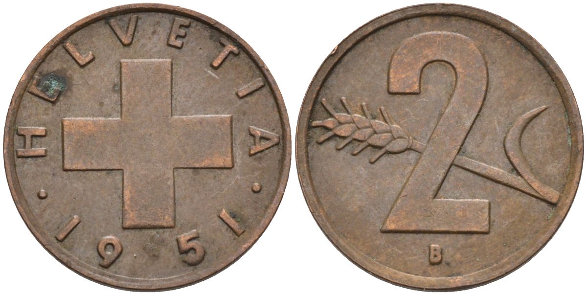 Швейцария 2 раппена 1951 В KM 47 бронза 4114-1142