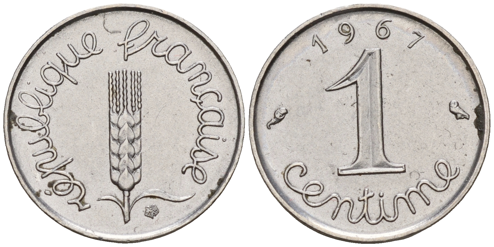 Франция 1 сантим 1967  KM 928 хромированная сталь    4152-1215