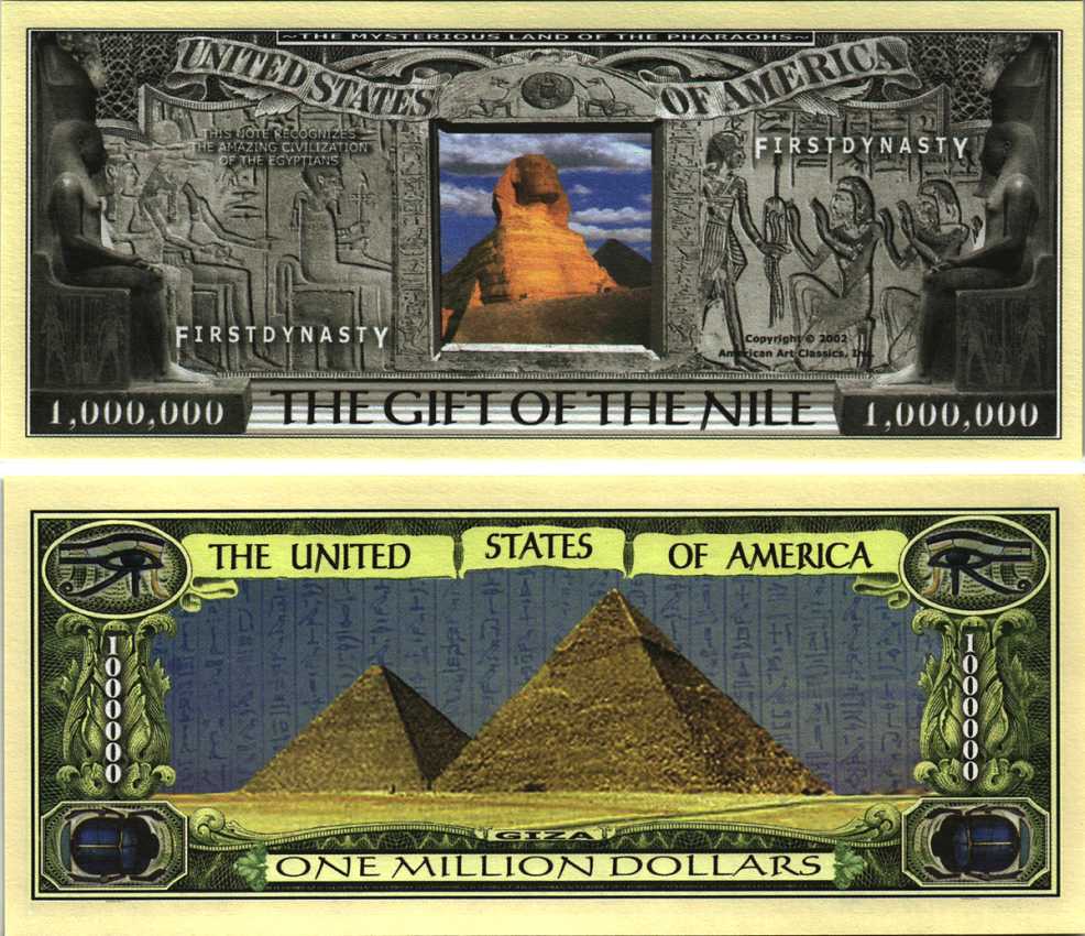 США 1000000 ДОЛЛАРОВ 2002 СУВЕНИРНАЯ БАНКНОТА, ПЕРВАЯ ДИНАСТИЯ ФАРАОНОВ ЕГИПТА, СФИНКС, ПИРАМИДЫ, ДАРЫ НИЛА бумага UNC (ПРЕСС) 7198-43-3-2
