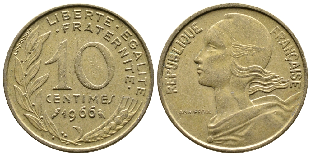 ФРАНЦИЯ 10 САНТИМОВ 1966 ТИП MARIANNE KM 929 медь алюминий никель 26-949