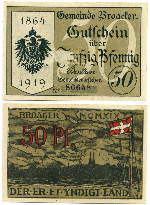 Броагер (Дания) 50 пфеннигов 1919 нотгельд Grabowski 188.1 бумага 000-00-00