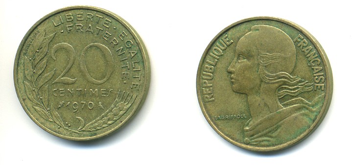 ФРАНЦИЯ 20 САНТИМОВ 1970 KM 930 медь алюминий никель 25-113