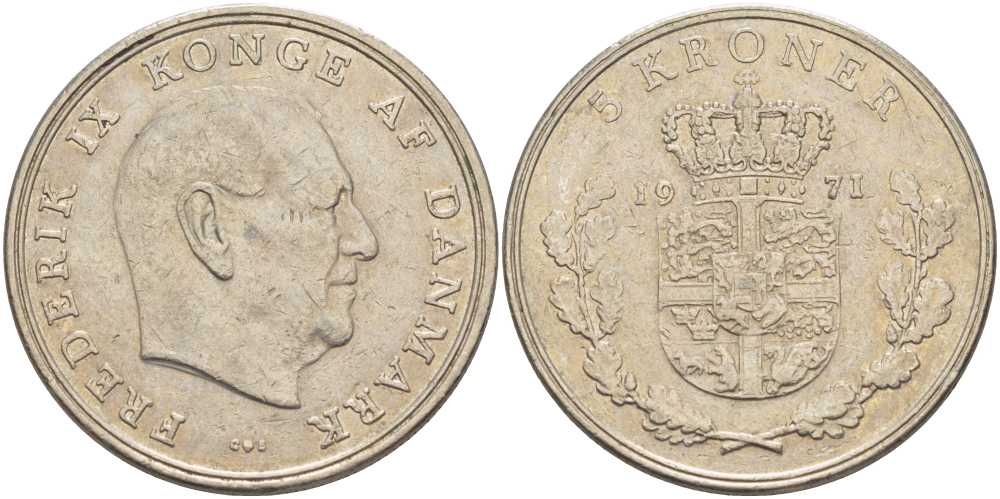 ДАНИЯ 5 КРОН 1971 C; S, ФРЕДЕРИК IX (1947-1972) KM 853.1 медно-никель 38-512