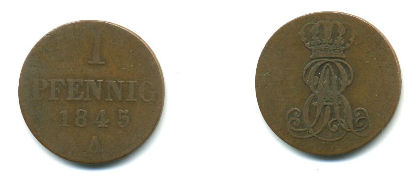 Ганновер 1 пфенниг 1845 A, Эрнст Август (1837-1851) KM 173.1, AKS 126, J. 54 медь 35-727