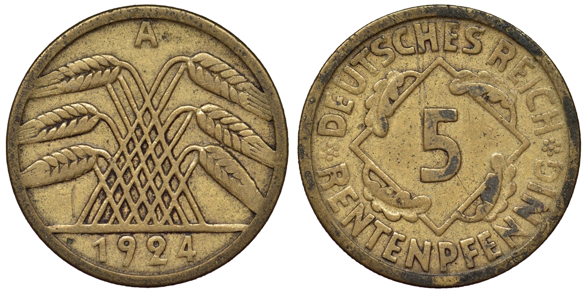 Германия 5 рентенпфеннигов 1924 A KM 32, J. 308 алюминиевая бронза 4124-248