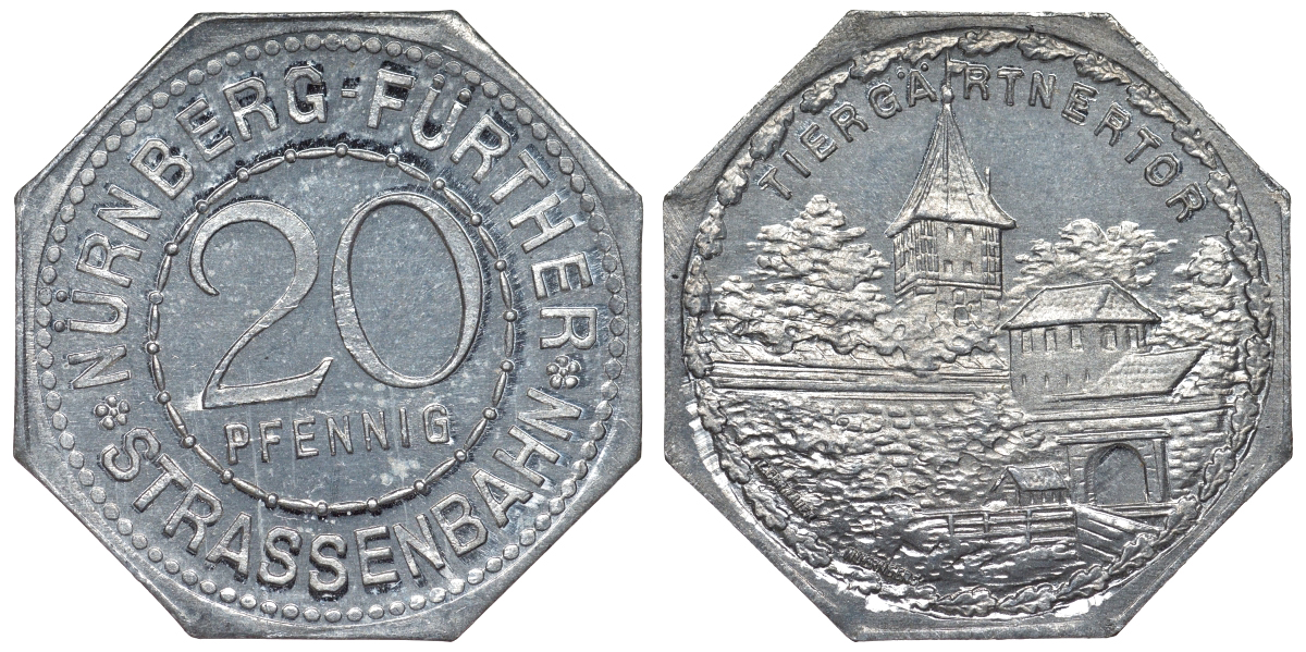 Германия, Нюрнберг - Фюрт 20 пфеннигов ND трамвайный жетон, ворота в зоопарк алюминий UNC 4119-633