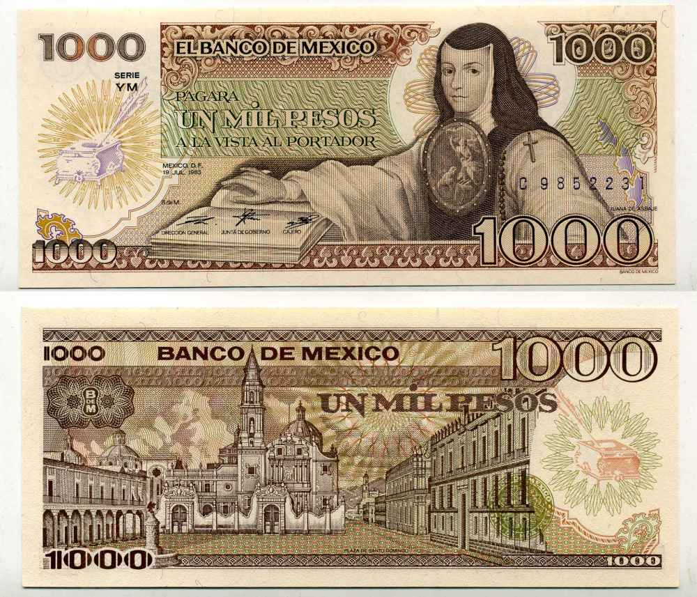 МЕКСИКА 1000 ПЕСО 1985 СЕРИЯ VM, 19 ИЮЛЯ 1985 Pick 85 бумага UNC (ПРЕСС) 8589-53-2-1