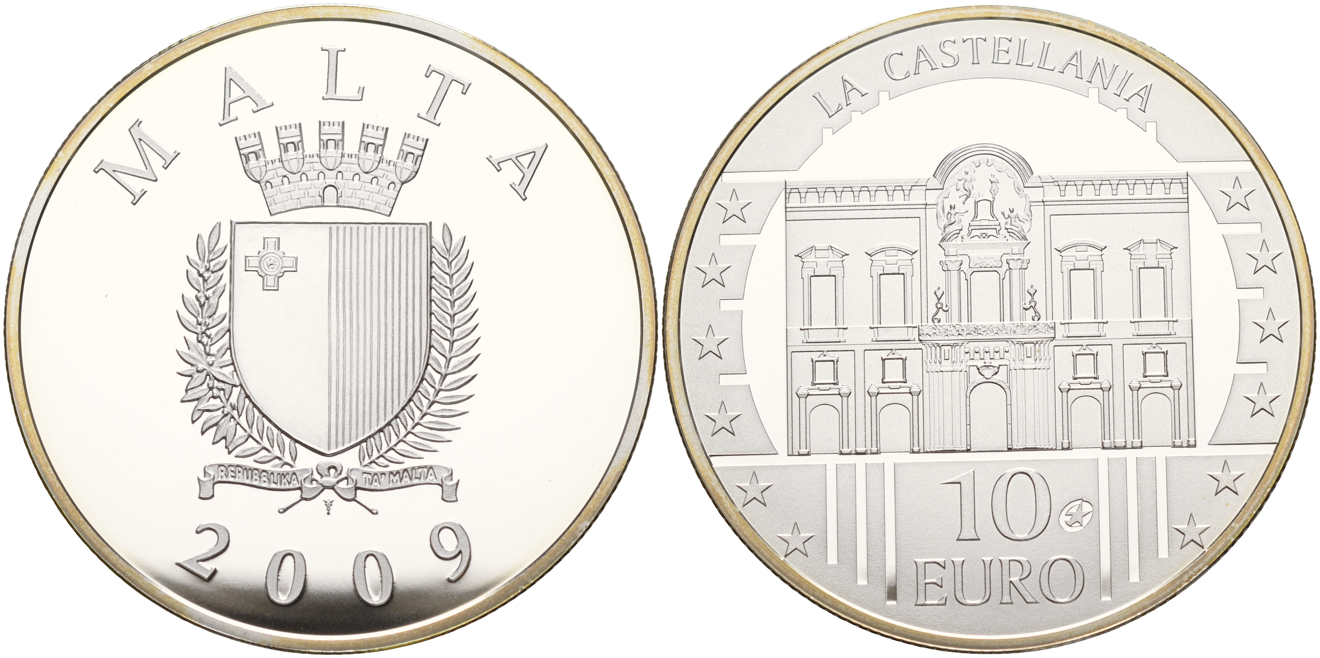 Мальта 10 евро 2009 серия культурное наследие, дворец Кастеллания KM 133 серебро PROOF 00-00