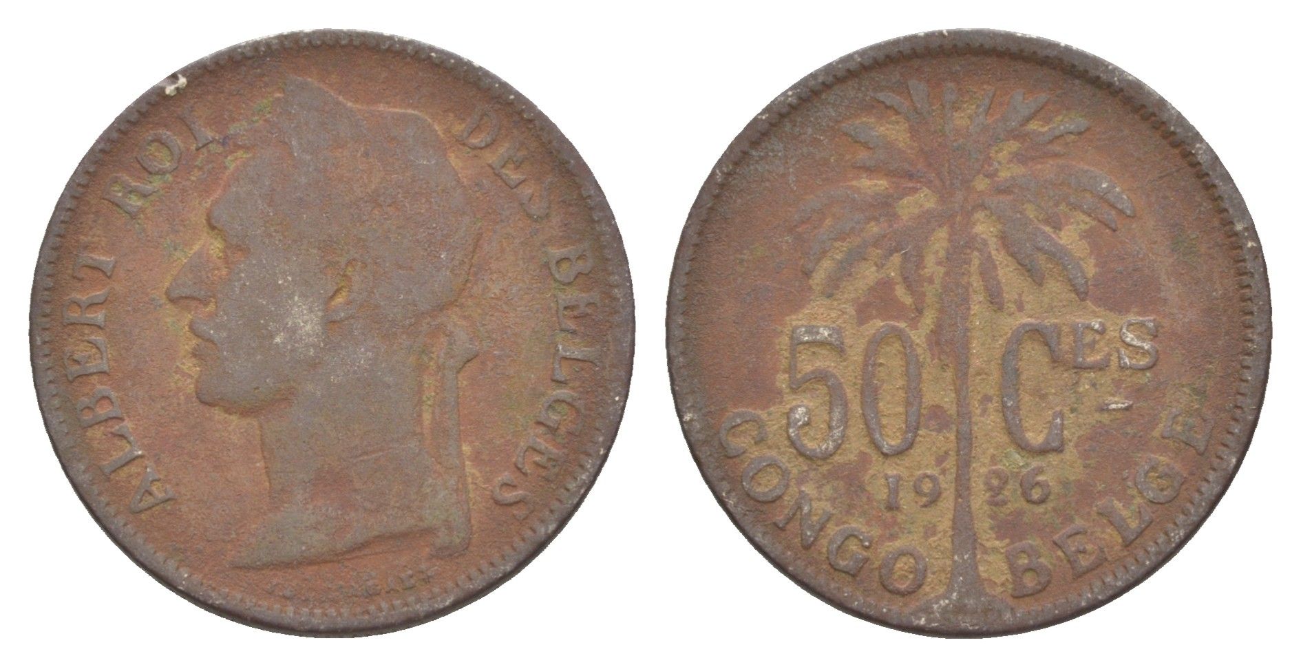 Бельгийское Конго 50 сантимов 1926 Надпись на французском - 'ALBERT ROI DES BELGES' KM 22 медно-никель 4650-425