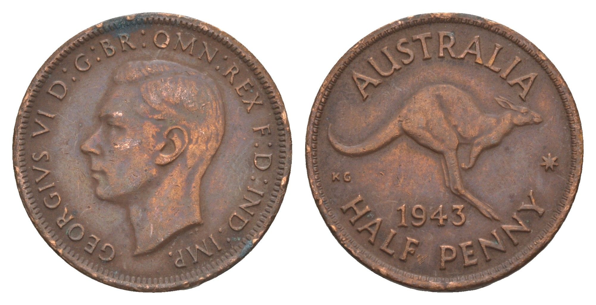 Австралия 1/2 пенни 1943 Георг VI (1936-1952), кенгуру KM 41 бронза 4652-137