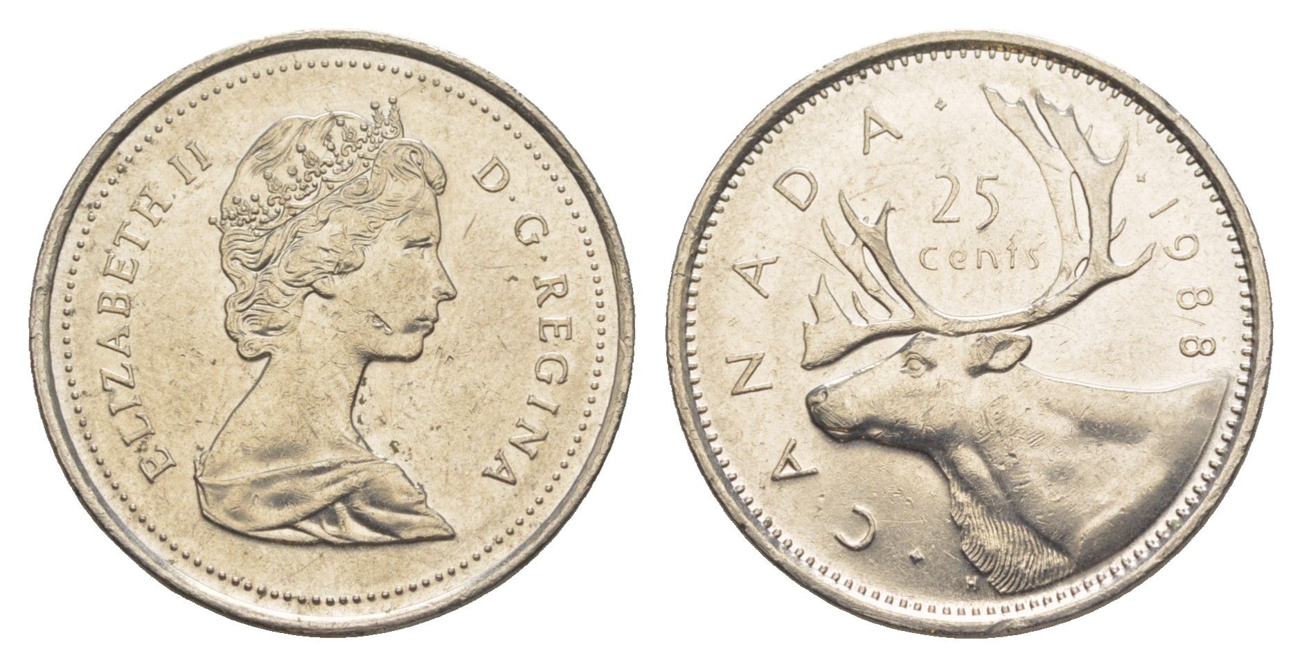 Канада 25 центов 1988 Елизавета II (1952-2022), олень KM 74 никель 4637-833