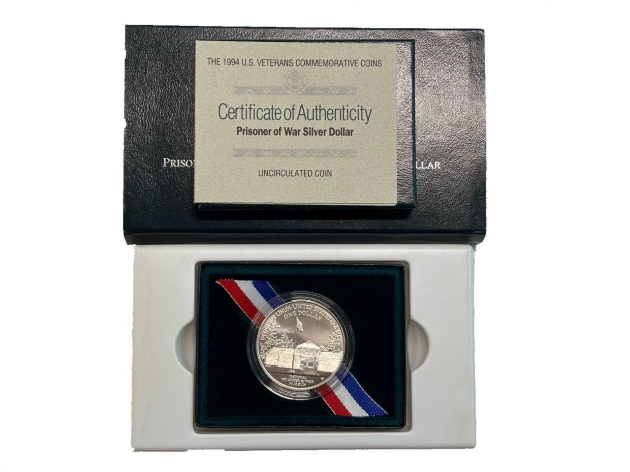 США 1 доллар 1994 W, Национальный музей военнопленных, в оригинальном футляре, с сертификатом KM 251 серебро BU 8-2-05-29