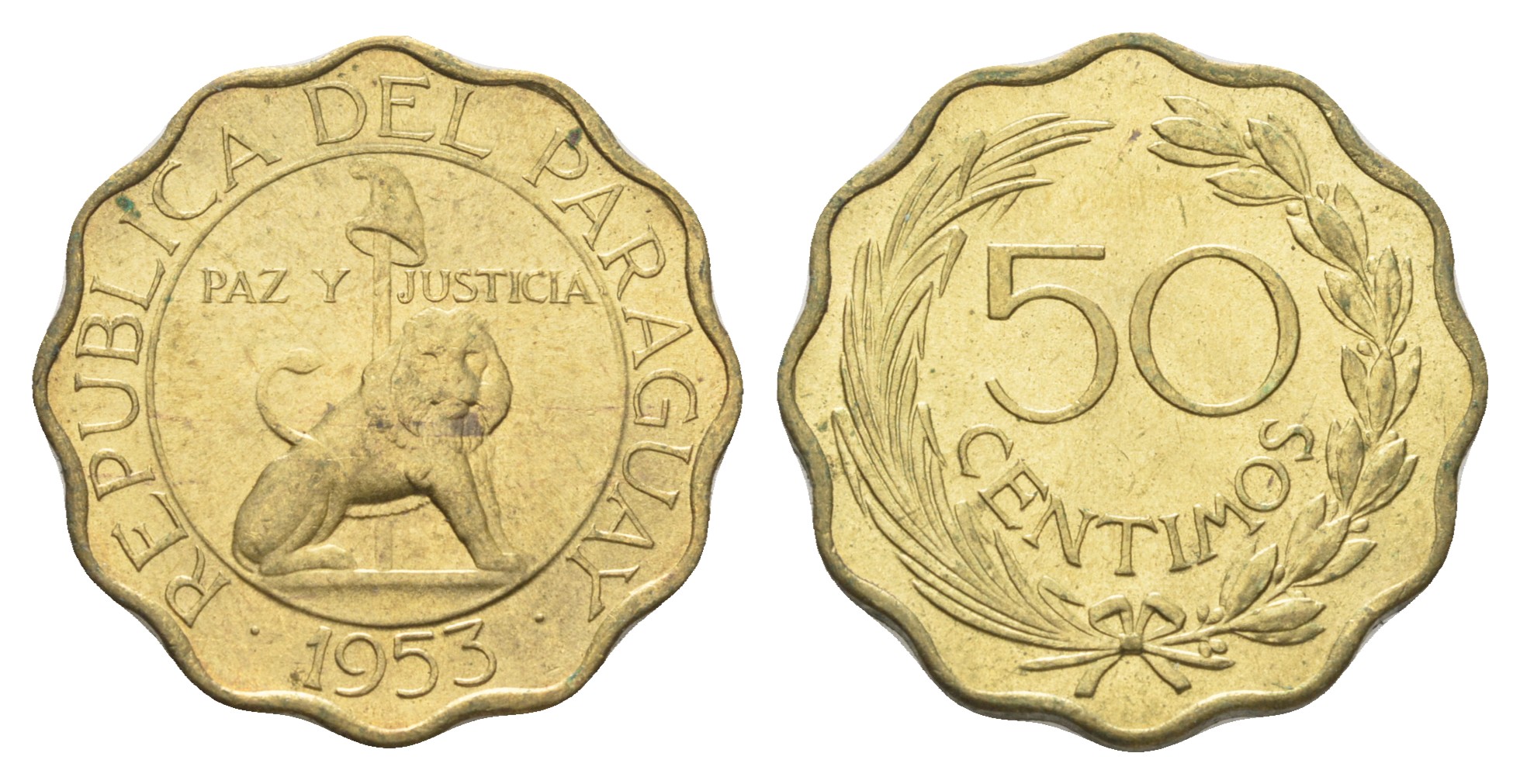 Парагвай 50 сентимо 1953 лев, фригийский колпак на шесте KM 28 алюминиевая бронза  aUNC  M78-04