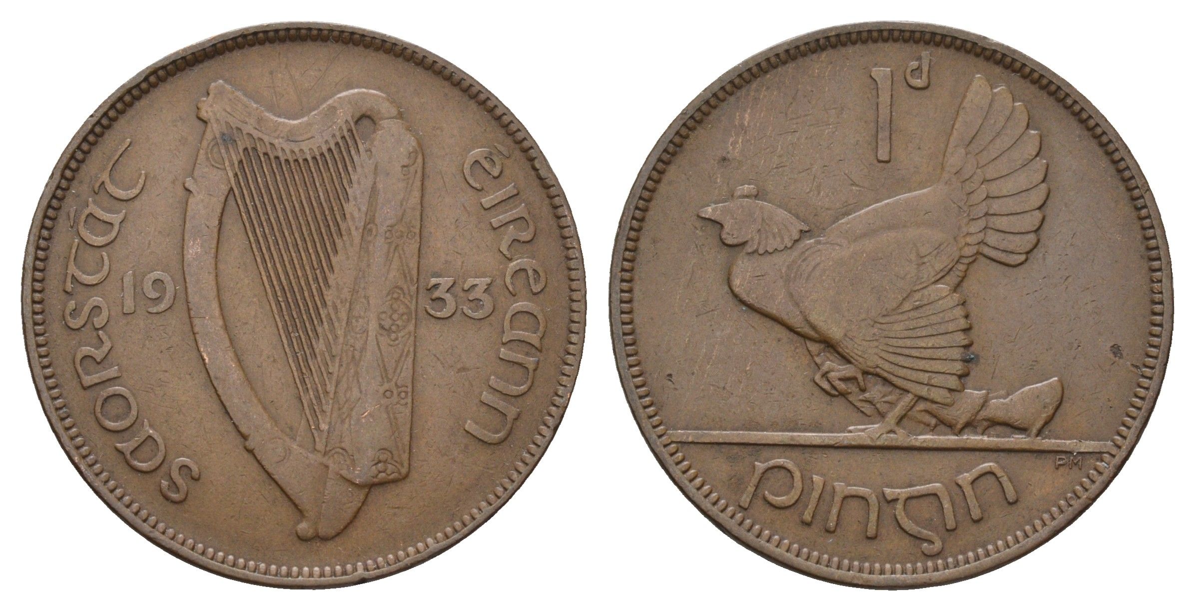 Ирландия 1 пенни 1933 курица с цыплятами KM 3 бронза 4672-413